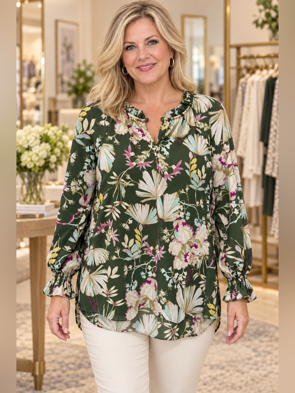 Kaari Blue Green Floral Ruffle Keyhole High Low Tunic Blouse Large